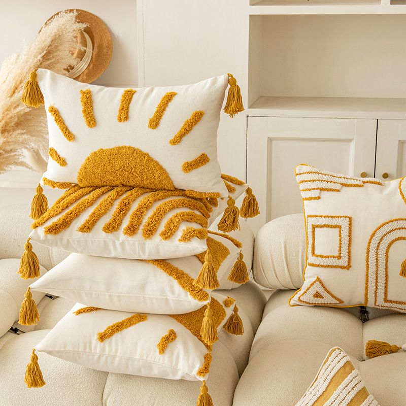 Cuscino decorativo Bohemian Gold Sun con nappe - Fodera per cuscino in ciniglia con motivo geometrico per divano, letto e arredamento per la casa_voghion.com