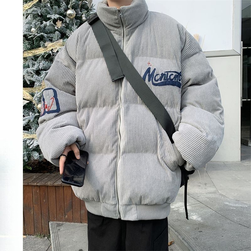 Herren Cord-Wattierungsjacke – Winter-Streetwear-Bombermantel mit Stickerei und Stehkragen, lockere Passform, warmes Fleecefutter (Beige, Grau)_voghion.com
