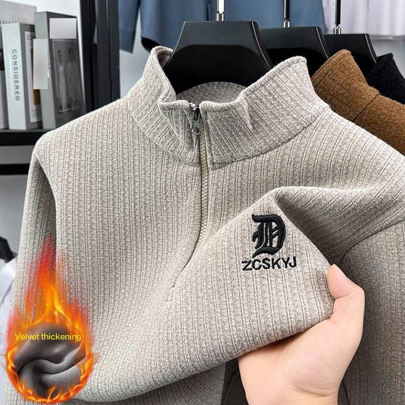 Herren-Sweatshirt im Streetwear-Stil mit Stehkragen, gefüttert mit schwerem Fleece und halbem Reißverschluss, bestickt (L-4XL) – Lässiges, langärmeliges Thermoshirt_voghion.com