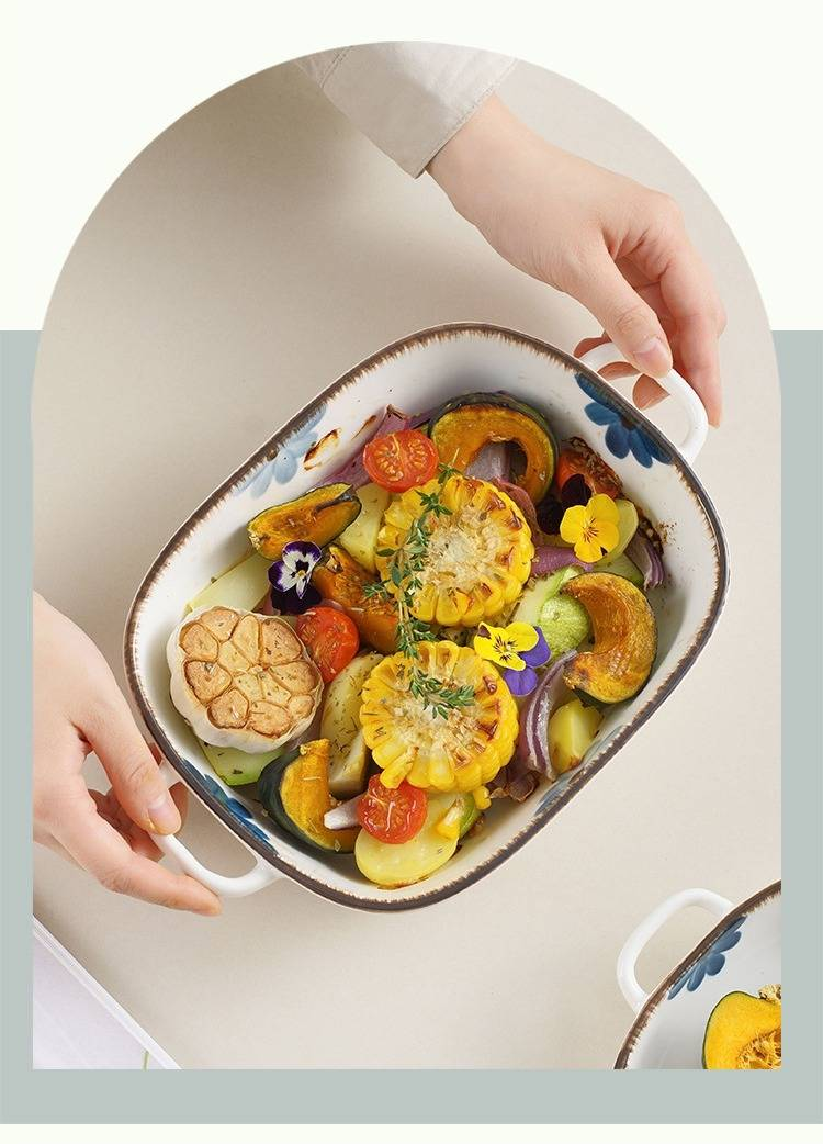 Ceramic Baking Dish With Ink Floral Pattern – 9.5" Double-Handled Soup Bowl, Microwave & Oven Safe_voghion.com