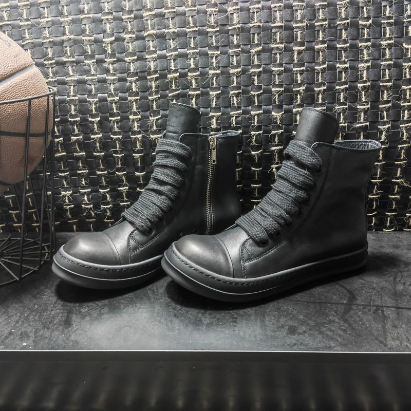 RO Herren Top Leder Schwarz Breite Schnürsenkel Dicke Sohle Höhe Erhöhen Dark Style High Street Casual Board Schuhe Damen_voghion.com
