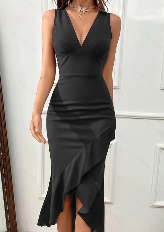 Verve 2025 New Women's Bodycon Swallowtail V-neck Sexy Split Ruffle Dress_voghion.com