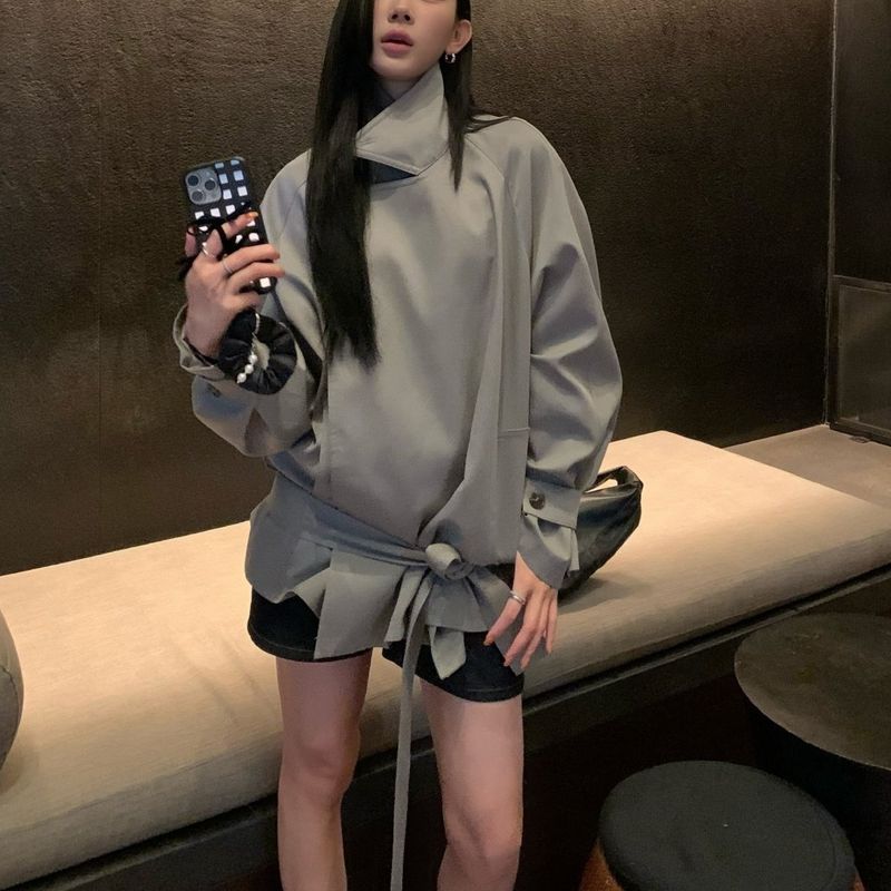 White Fashion Short Trench For Women 2025 New Autumn Lace-Up High-End Casual Loose Korean Style Coat_voghion.com