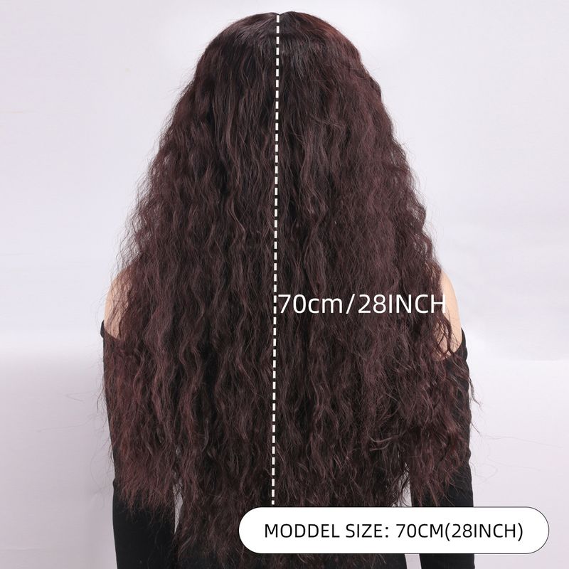 Parrucca con extension per capelli, nuova parrucca per donna, capelli neri ricci alla moda, ondulati, ricci di mais, riga centrale, frangia, copricapo completo._voghion.com