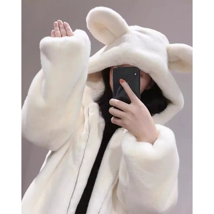 Cappotto di pelliccia ecologica spessa in lana di agnello con cappuccio e orecchie d'orso per donna, invernale, foderato in visone_voghion.com