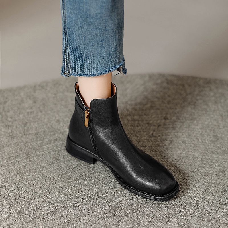 Retro Runde Zehe Echte Gürtelschnalle Herbst Und Winter Neue Ankunft Seitlicher Reißverschluss Dicker Niedriger Absatz Stiefeletten Damen_voghion.com