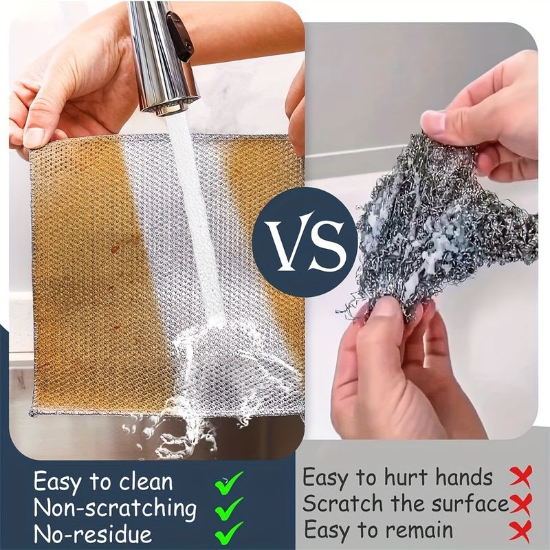 20-5pcs Thickened Steel Wire Cleaning Cloth Non-Scratch Double-layer Iron Microfiber Mesh Dishrag Washing Pot Rags Kitchen Towel_voghion.com