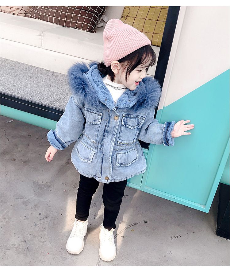 Nuovi vestiti autunnali e invernali per bambine, cappotto spesso in denim e velluto, stile coreano, cappotto in cotone con ampio collo di pelliccia per bambini_voghion.com