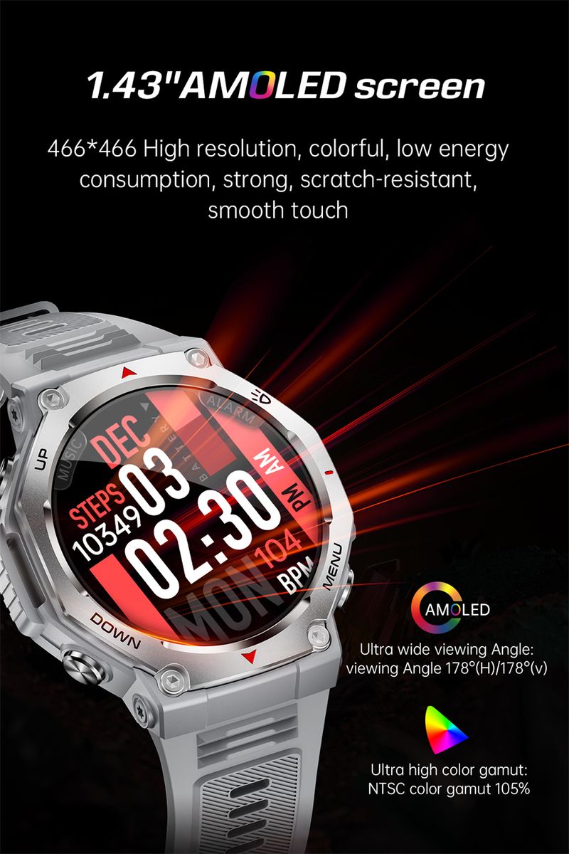 Orologio intelligente robusto per sport all'aria aperta KT85, display HD AMOLED da 1,43", batteria a lunga durata da 525 mAh, monitoraggio del fitness, calorie e distanza._voghion.com