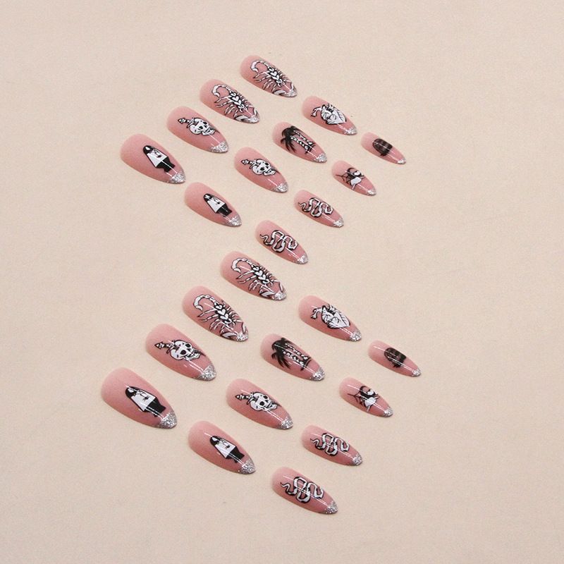 Faux ongles doux et cool, rose foncé, tête de mort, paillettes françaises, Halloween, femme, mi-long, amande, porter des ongles_voghion.com