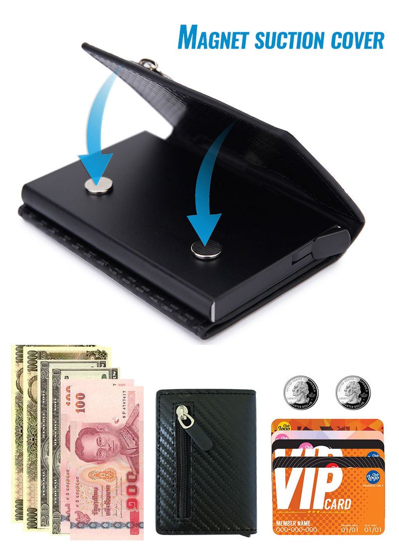 Tarjetero automático antirrobo RFID, ultrafino, de metal, con ranuras para múltiples tarjetas, de fibra de carbono._voghion.com
