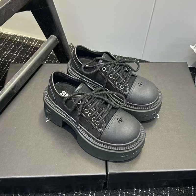 Su Yinyin 7 cm runde Zehenpartie aus Segeltuch für Damen SMFK Cross Dicke Sohle für kleine Menschen Panda Big Head Derby-Schuhe_voghion.com