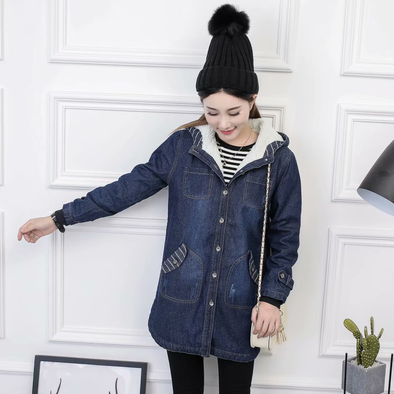 Abbigliamento donna giacca imbottita in cotone denim giacca medio lunga da donna imbottita in cotone cashmere taglie forti con giacca in denim con cappuccio_voghion.com