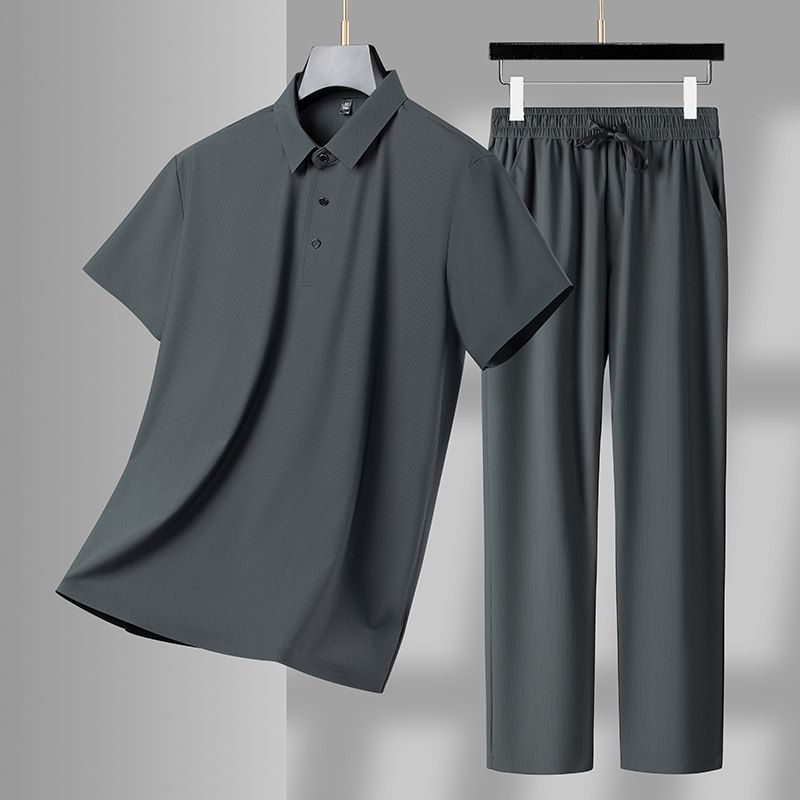 Conjunto informal de camiseta de manga corta y pantalón largo transpirable, sin costuras, con cuello vuelto, para hombre de mediana edad y jóvenes (CT 2025)_voghion.com