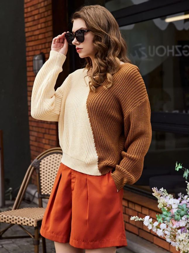 Maglione a V con giunture multicolori a maniche lunghe da donna_voghion.com