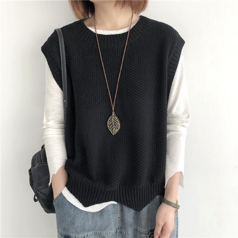 K Women's Knitted Vest; Pure Color, Loose, Round Neck, Irregular Pullover Short Cardigan._voghion.com