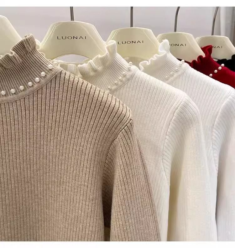 【 Cashmere Family】 Maglione da donna in pile caldo ispessito con interno in velluto e perline di legno per inchiodare le orecchie con base in lana_voghion.com