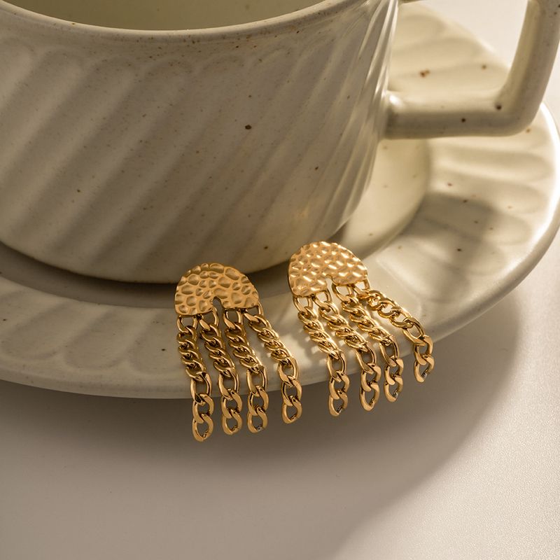 Orecchini a catena con nappine in acciaio inossidabile con texture in titanio, versatili da donna, INS French Fashion_voghion.com
