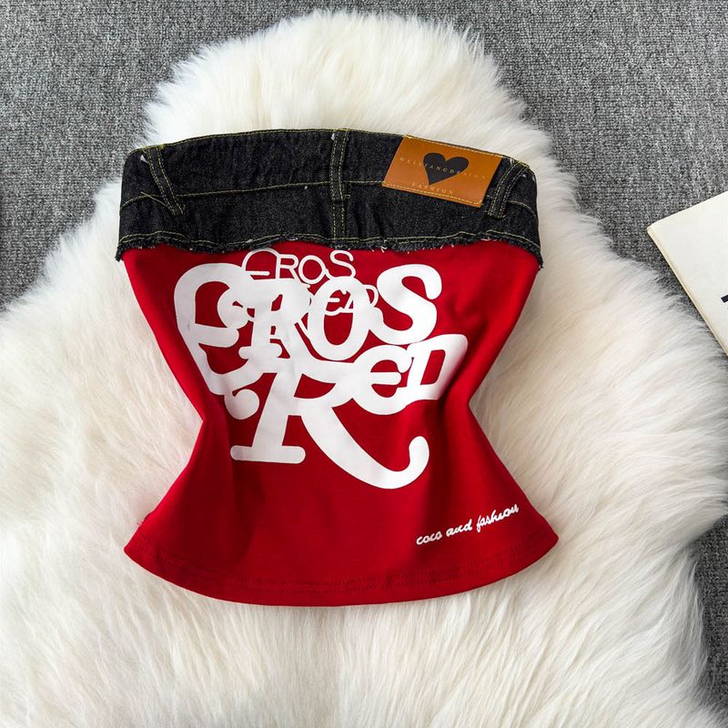 Women's Clothing Retro Hottie Letter Embroidered Tube Top Summer Fashion Denim Stitching Slim Fit Camisole Vest_voghion.com