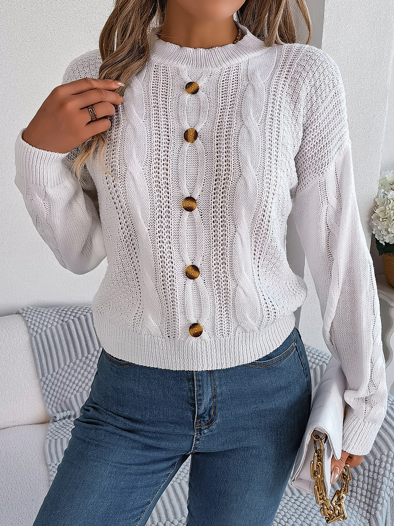 Cropped Sweaters for Women Crew Neck Crochet Knit Pullover Sweater Fall Trendy Button Long Sleeve Solid Color Jumper Tops_voghion.com