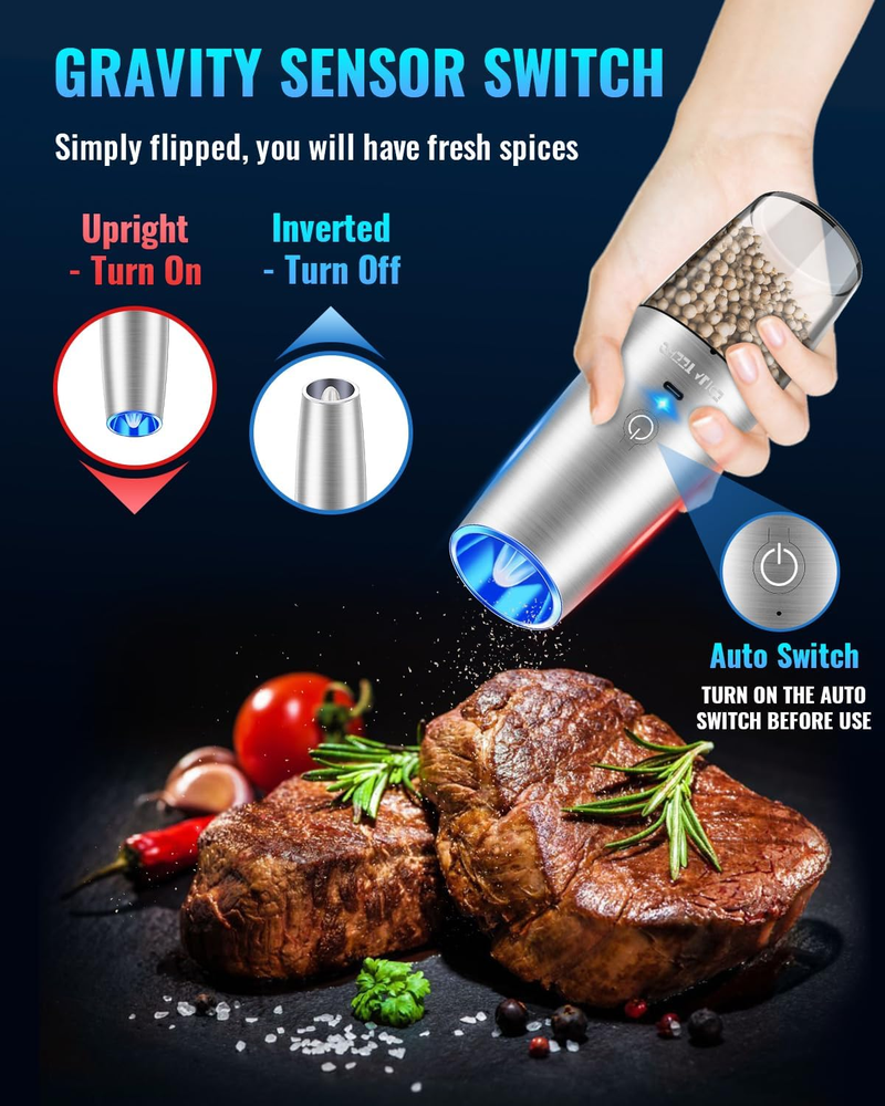 Set Of Rechargeable Electric Salt And Pepper Grinders, Battery-free, With G-switch And LED Light, One-handed Automatic_voghion.com