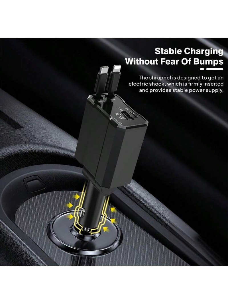 Cargador rápido para coche 4 en 1 con cable extensible, puertos USB y tipo C - Más compatibilidad - Enchufe ajustable de 180°, diseño antienredos_voghion.com