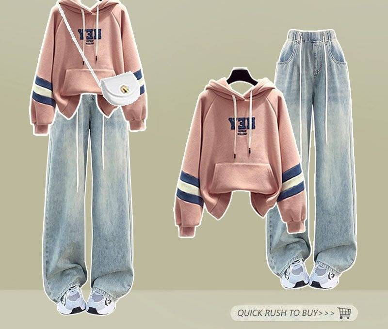 "Damen-Set aus lockerem Oberteil in Farbblockoptik und Jeans mit Retro-Gummibund – stylisches zweiteiliges Outfit mit Kordelzug-Detail"_voghion.com