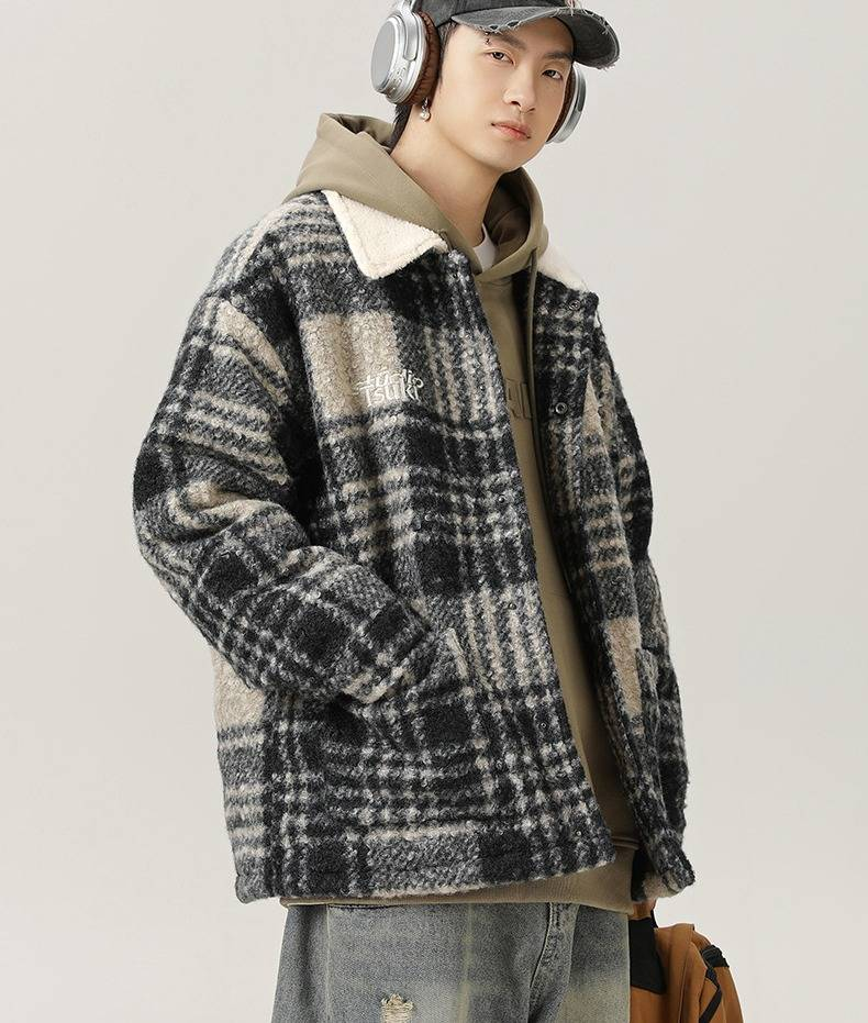 Retro-Colorblock-Jacke aus Wollmischung – Übergroße Buchstabenstickerei und kariertes Futter (Schwarz/Weiß, Grau/Blau, Marineblau/Weiß)_voghion.com