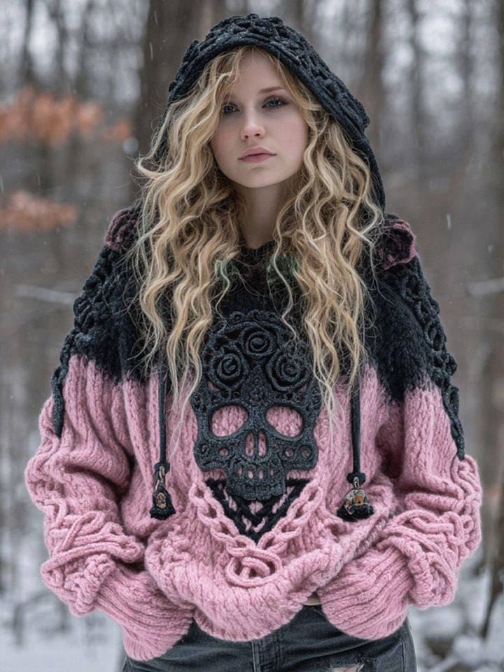 Gemütlicher Oversize-Kapuzenpullover für Damen – 3D-bedruckter Streetwear-Pullover, Langarm-Oberteil mit überschnittenen Schultern im Gothic-Stil_voghion.com