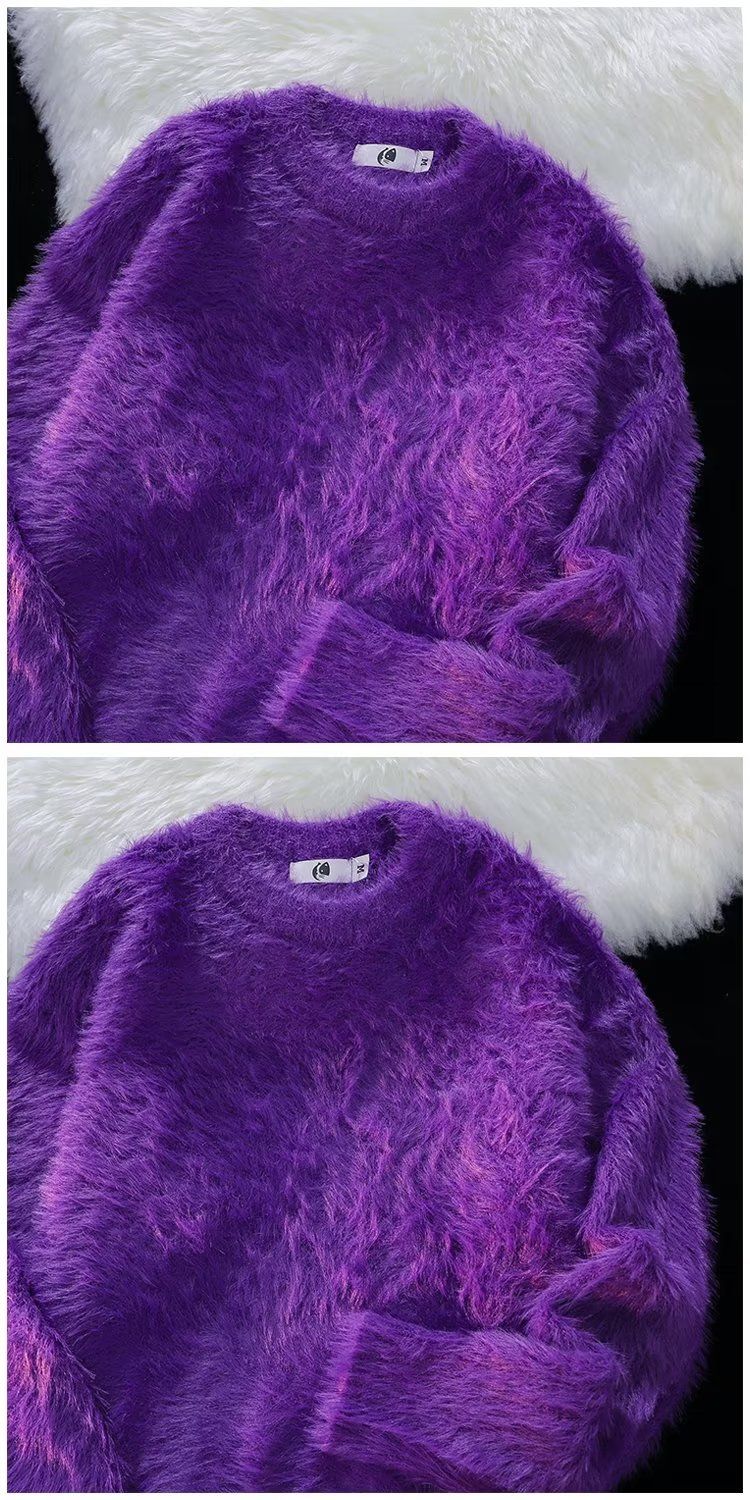 Pull d'intérieur chaud et chaud en maille unie pour homme, automne-hiver, coupe ample, doux et duveteux, col rond._voghion.com