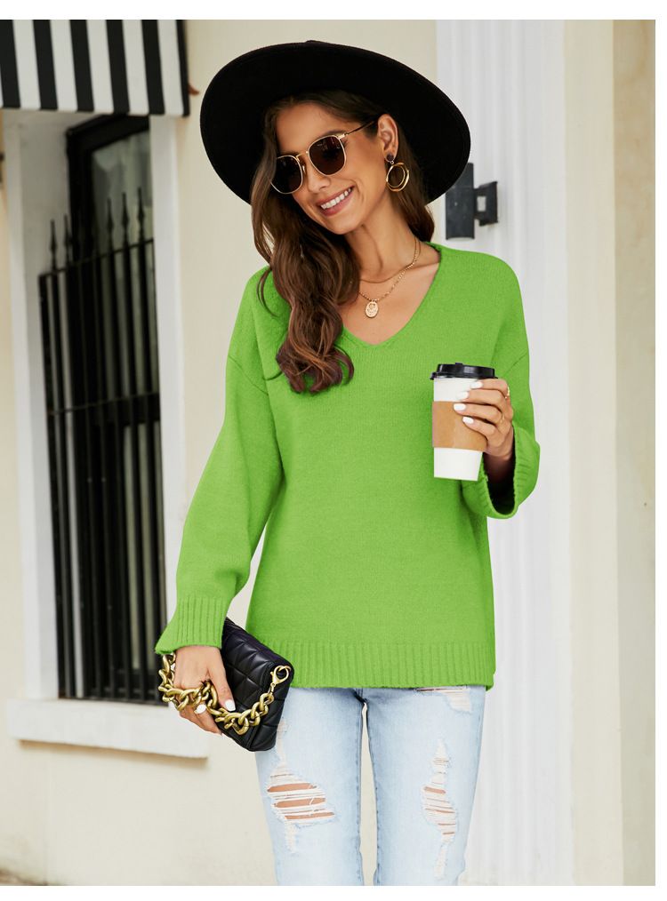 Abbigliamento da donna primaverile ed estivo, cappotto sottile lavorato a maglia casual con maniche a spalla, cardigan lavorato a maglia con scollo a V color fosforo_voghion.com