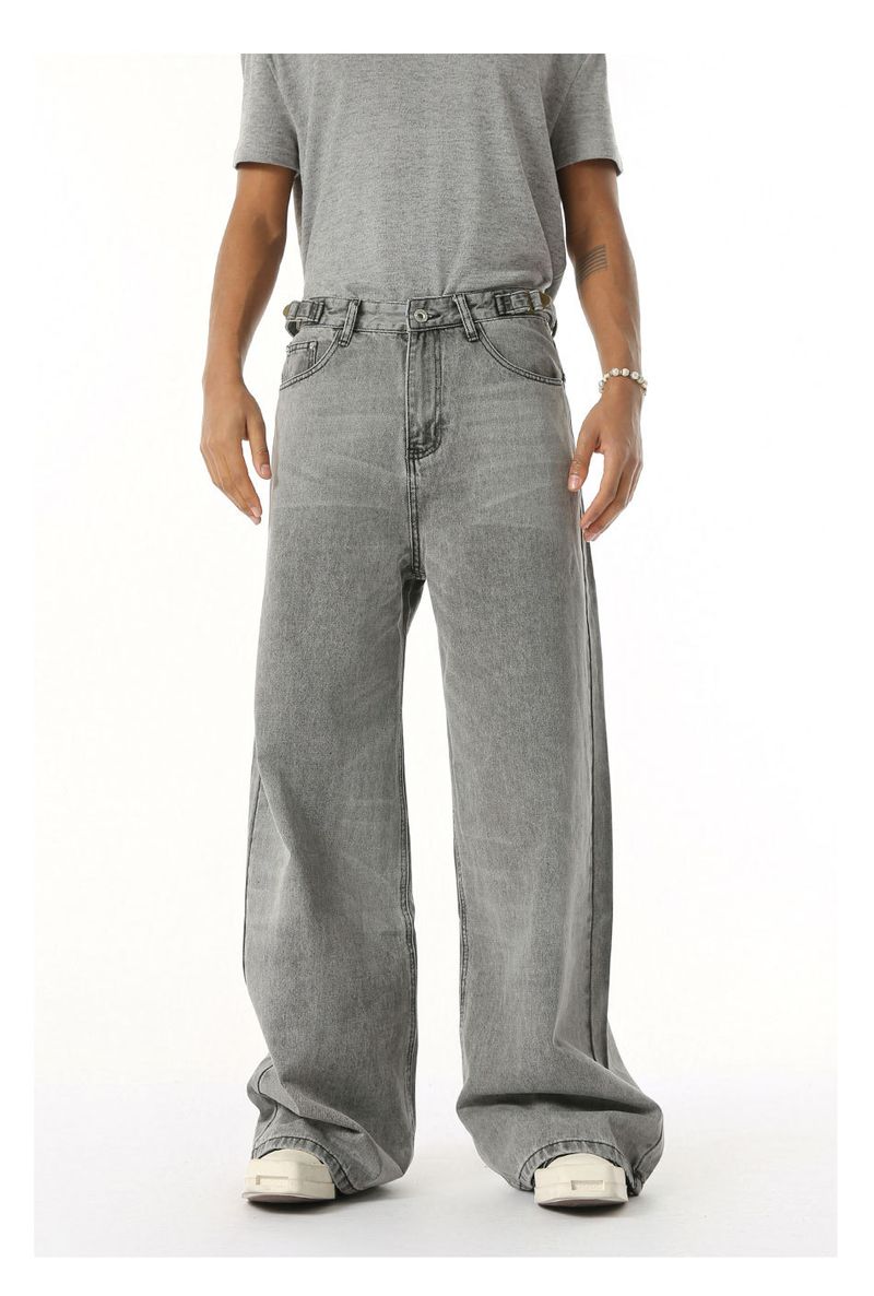 EF JEANS | 2025 New American Niche Retro Belt Adjustable Straight Loose Grey Jeans_voghion.com
