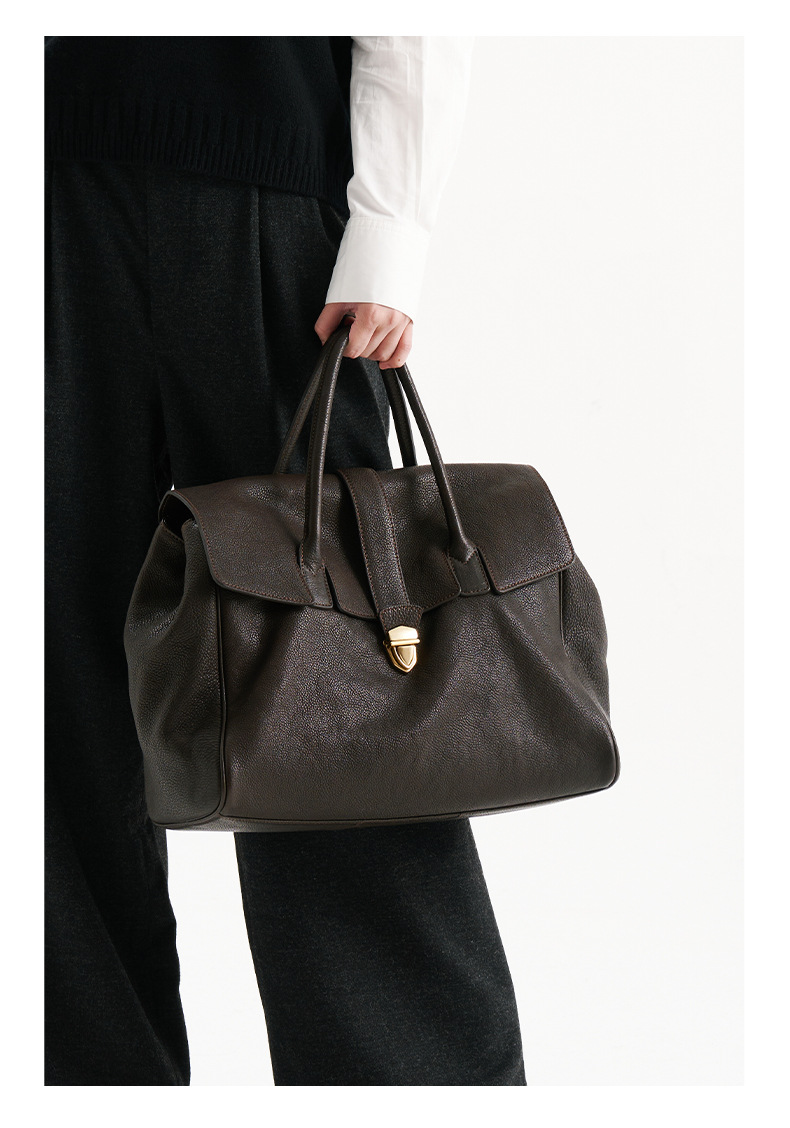 Qiu Zhen Plant Tanned Head Layer Cowhide Handheld Briefcase for Women's High Grade Genuine Leather Bag Retro Large Capacity Commuter Bag_voghion.com