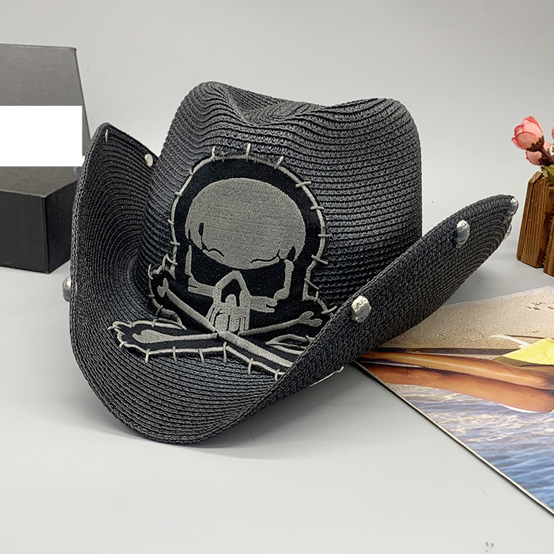 Pălărie de cowboy neagră cu craniu, personalitate masculină și feminină, pălărie de cowboy în aer liber, pălărie de paie_voghion.com