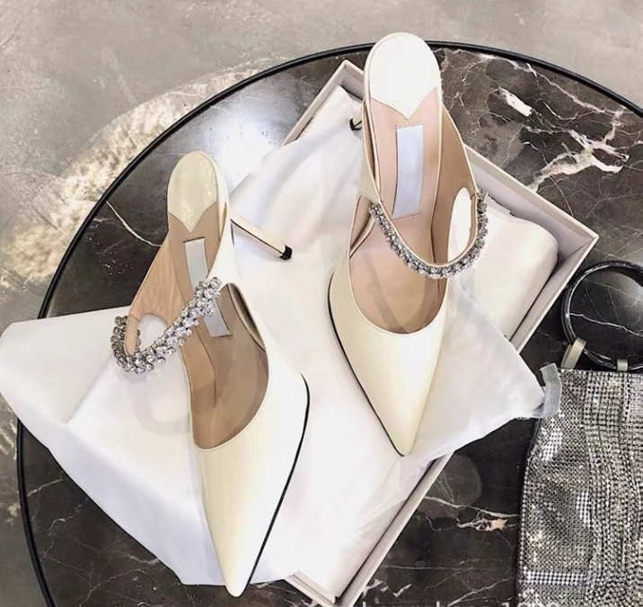 High-heeled New Summer Fine Heeled Pointy Diamond Slippers Women Wear A Line With A Bun Head Half Drag Mueller Shoes Women_voghion.com