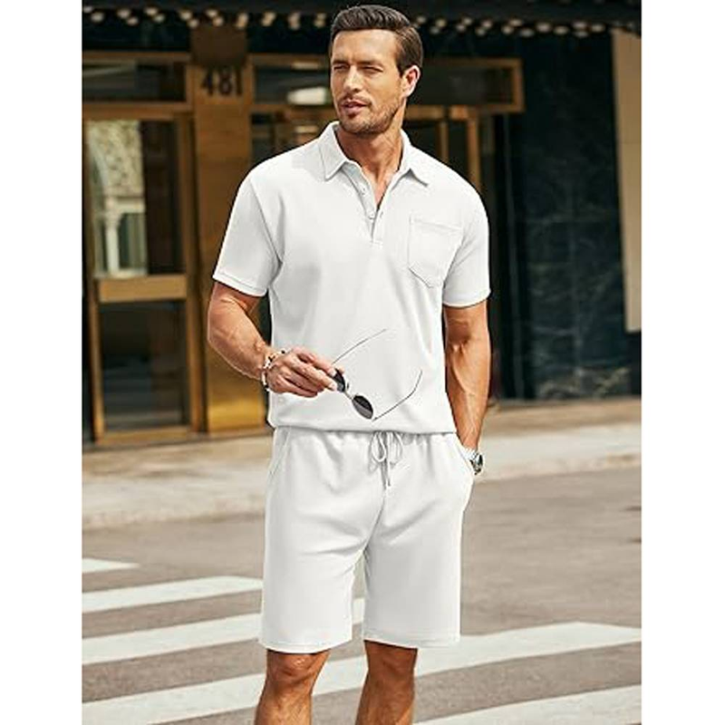 Completo estivo da uomo con polo e pantaloncini in maglia a nido d'ape, 2 pezzi, felpa casual con tasca_voghion.com