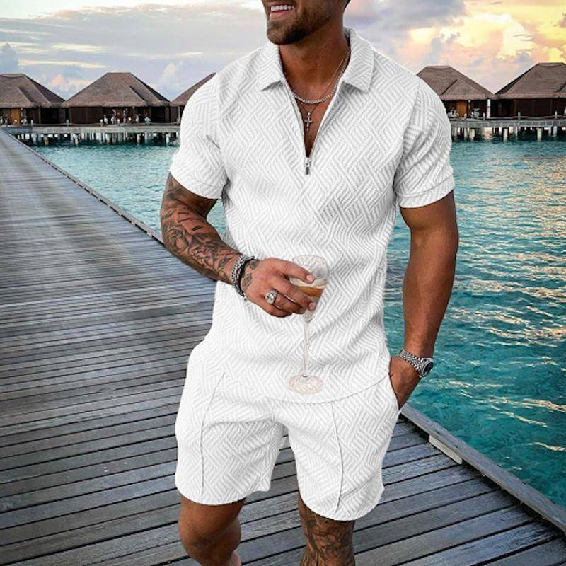 Neues modisches Poloshirt-Set mit Reißverschluss für Herren, lässig, mit 3D-Druck, kurzärmelige Hemden und Shorts_voghion.com
