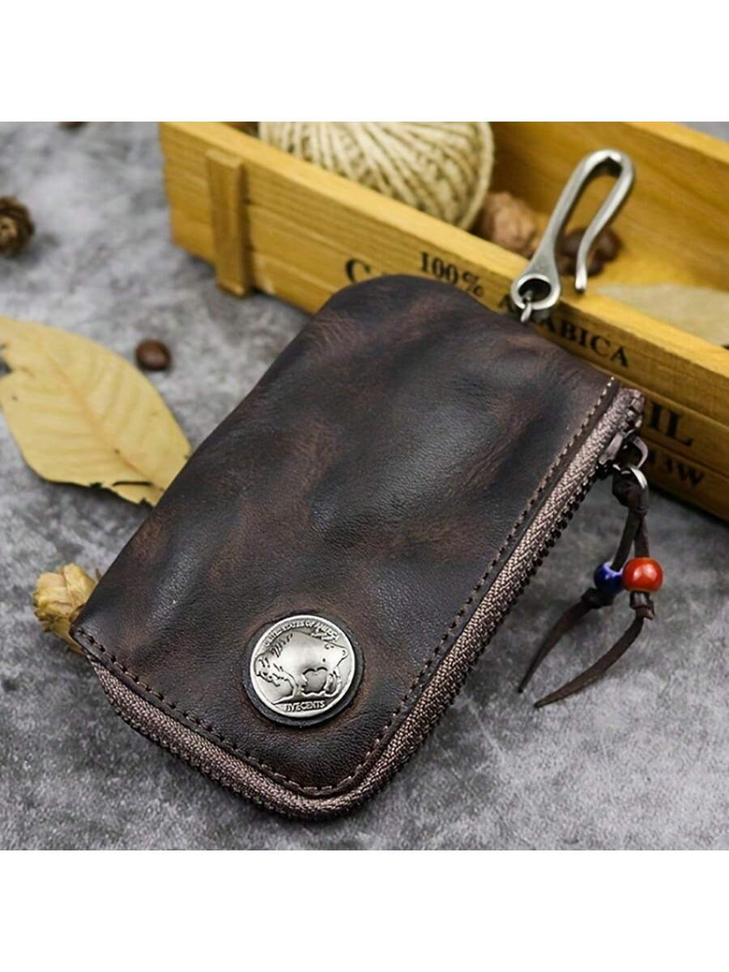 Borsa portachiavi in pelle conciata al vegetale di primo strato, realizzata a mano, in pelle di mucca lavata ad acqua vintage, in stile retrò, con cerniera_voghion.com