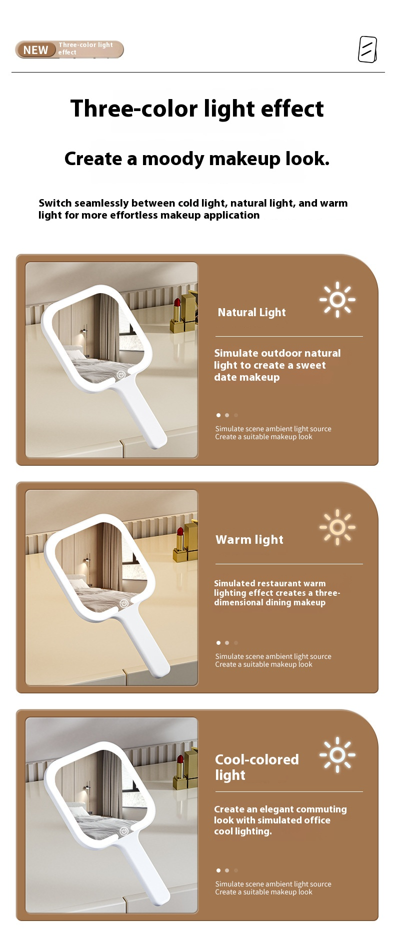 LED-Kosmetikspiegel mit einstellbarer Beleuchtung – tragbarer Hand-Schminkspiegel mit 3 Farbmodi, über USB wiederaufladbar_voghion.com