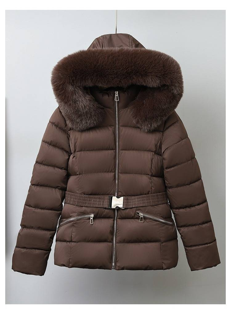 Fleecegevoerde ski-jas voor dames met riem - warme winterjas, capuchonjas met rits, dikke, geïsoleerde bovenkleding voor wintersporten_voghion.com