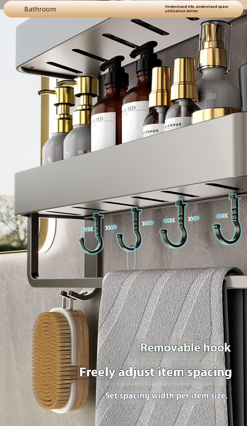 Space Aluminum Bathroom Towel Rack – No Drill Wall Mount With Shelf, Rustproof & Waterproof Organizer For Shower, Toilet, And Laundry Room_voghion.com