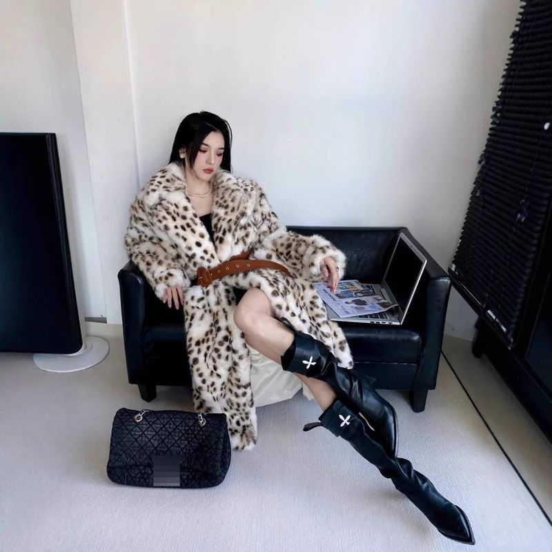 Women's Clothing Luxury Faux Fur Coat Women's Winter Long Leopard Print Jacket With Belt, Elegant Office Wear, Warm_voghion.com
