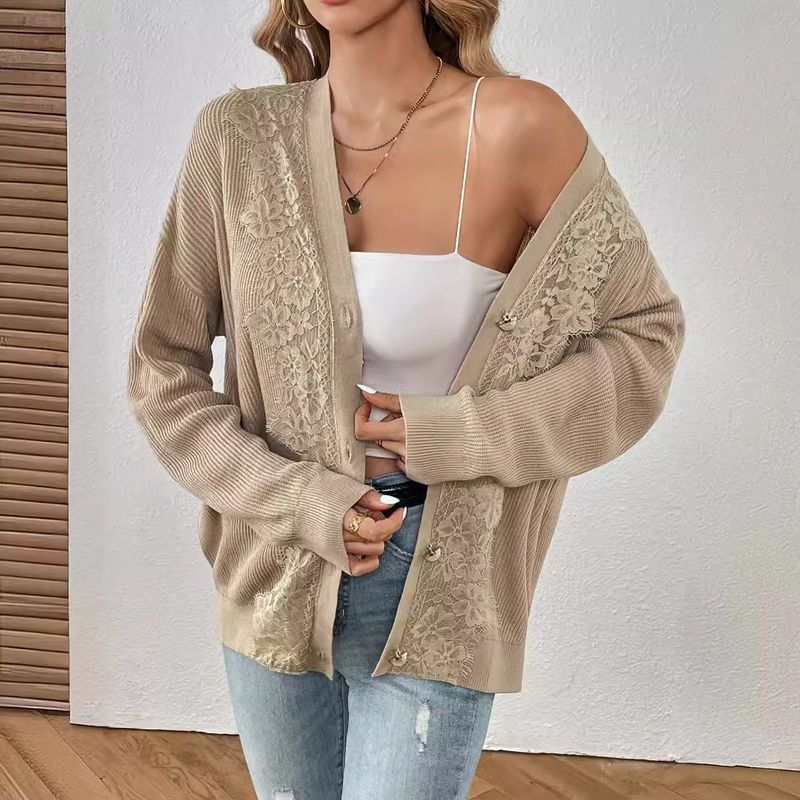 Sexy Knit Cardigan Set – Chic Open-Front Acrylic Sweater With Lace Trim (Khaki, S/M/L)_voghion.com