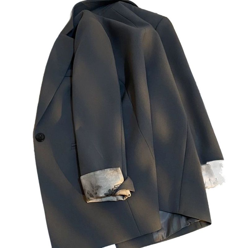 Women's Grey Blazer With Oriental Floral Print – Elegant & Versatile, Casual Chic Jacket For Work & Daily Wear_voghion.com