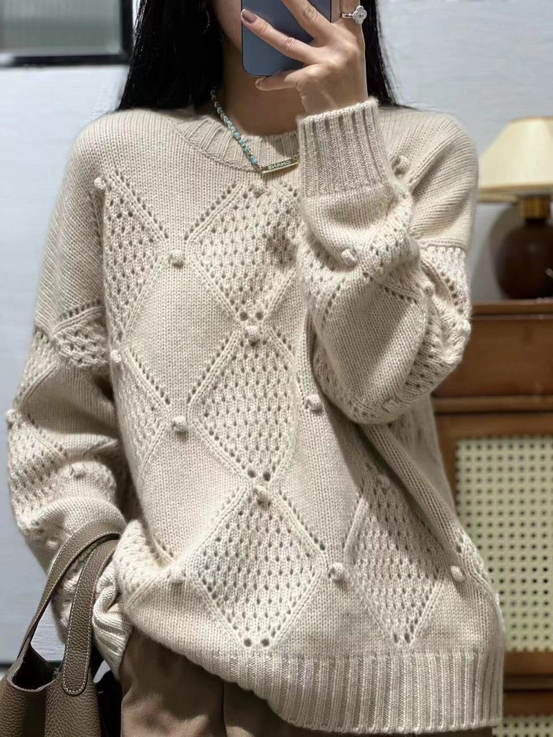 girl 2023 New High-End Round Neck Autumn Winter Women's 100% Wool Loose Lazy Top Thickened Warm Base Sweater_voghion.com
