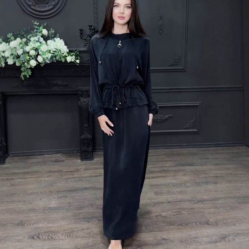 Women's Elegant Sleeveless Dress With Lantern Sleeve Belted Coat 2-Piece Set - Flowy Long Dress & Stylish Outerwear For Fall_voghion.com