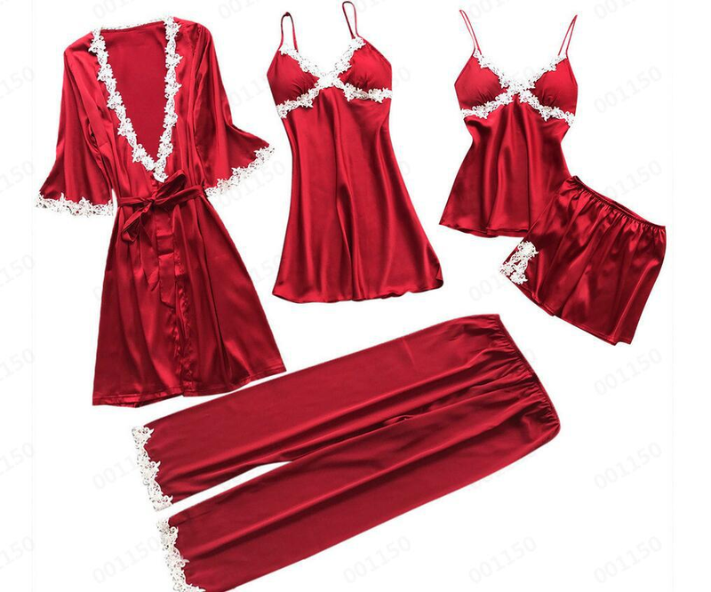 Women's sexy five-piece pajamas for women summer mid-sleeve bridal dressing gown large size home wear nightgown bathrobe wholesale_voghion.com