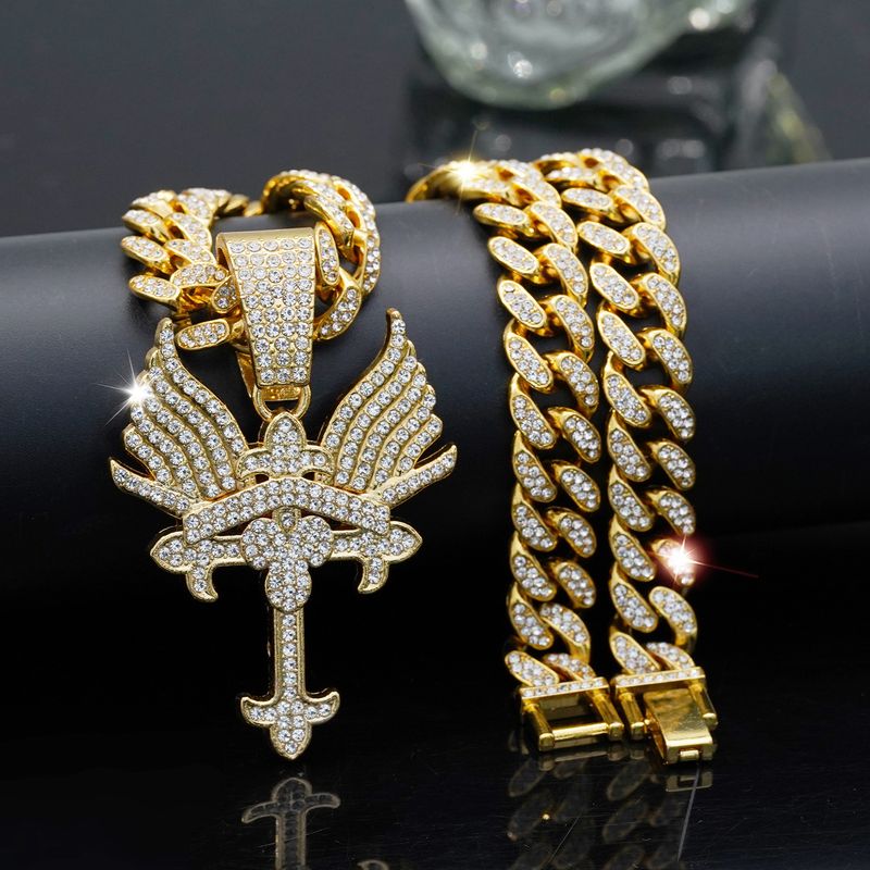 Hot Selling 14K Cuban With Diamond Cross And Wings Hip Hop Big Gold Chain_voghion.com