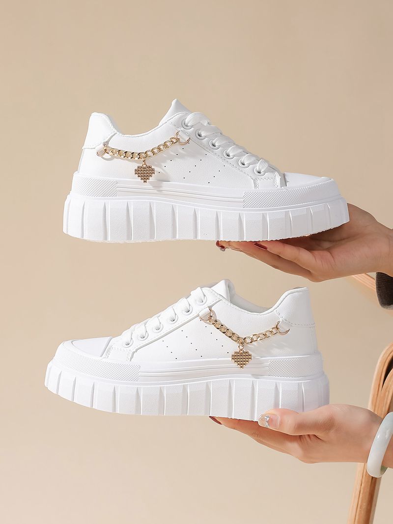 Chaussures pour femmes, nouvelles chaussures pour femmes de grande taille, semelle épaisse, chaussures de sport décontractées, chaussures plates blanches avec chaîne en métal pour femmes_voghion.com