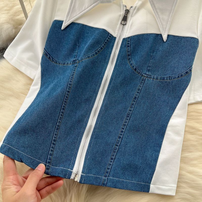 Women's casual simple denim patchwork suit women's summer Polo collar zipper top + high waist wide leg drape trousers_voghion.com